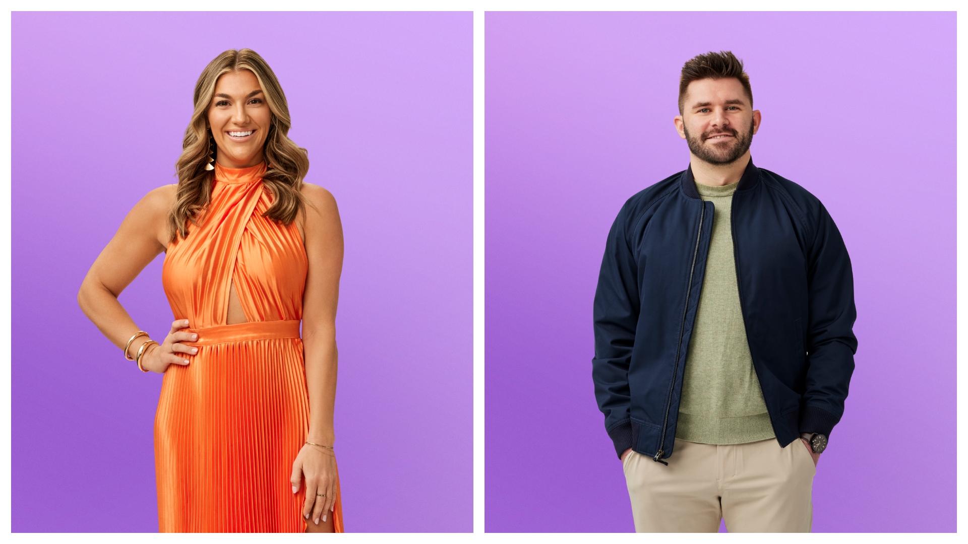 a split image of love is blind season 10 stars bri mcnees wearing an orange gown and connor spies wearing a blue jacket over a green shirt