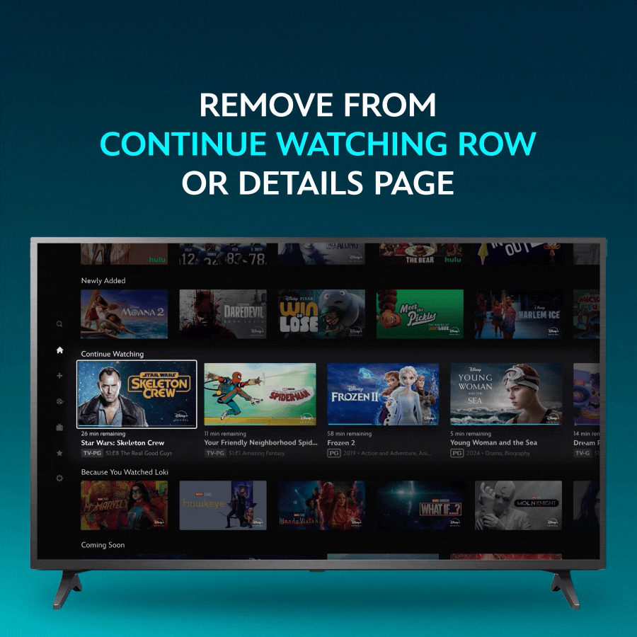 Removing content from your Disney+ Continue Watching row on a TV or from the details page for whatever you're watching.