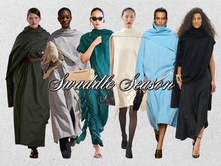 A collage showing the long haul fashion trend swaddled clothing is shown on models walking the fall 2024 and spring 2025 collections of Lovechild 1979, The Garment, Carven, Toteme, Bottega Veneta, and Alaïa