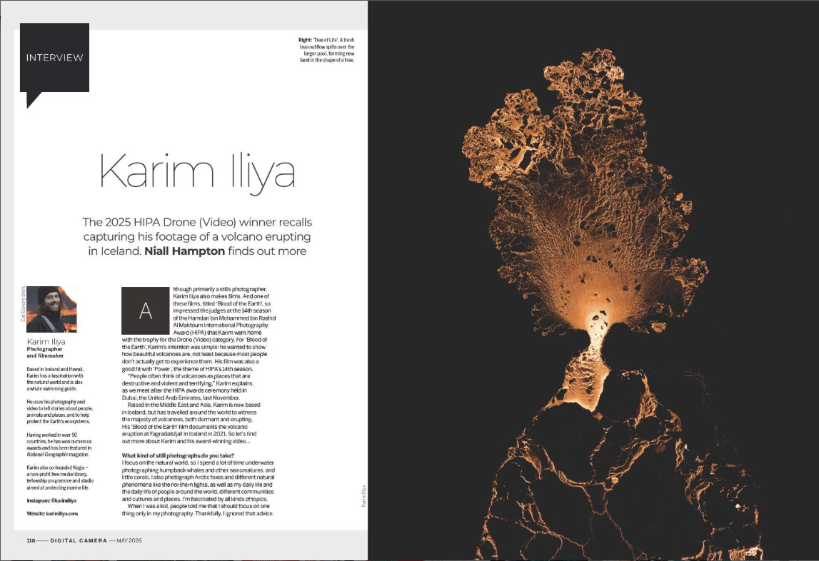 Image showing the first two pages of the main interview in issue 307 (May 2026) of Digital Camera magazine, where photographer and filmmaker Karim Iliya explains why he loves documenting volcanoes