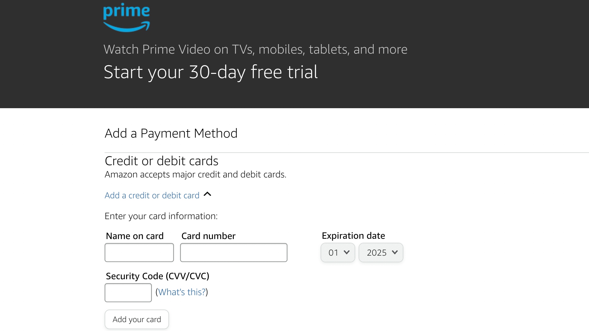 The Prime Video billing screen asking for card details