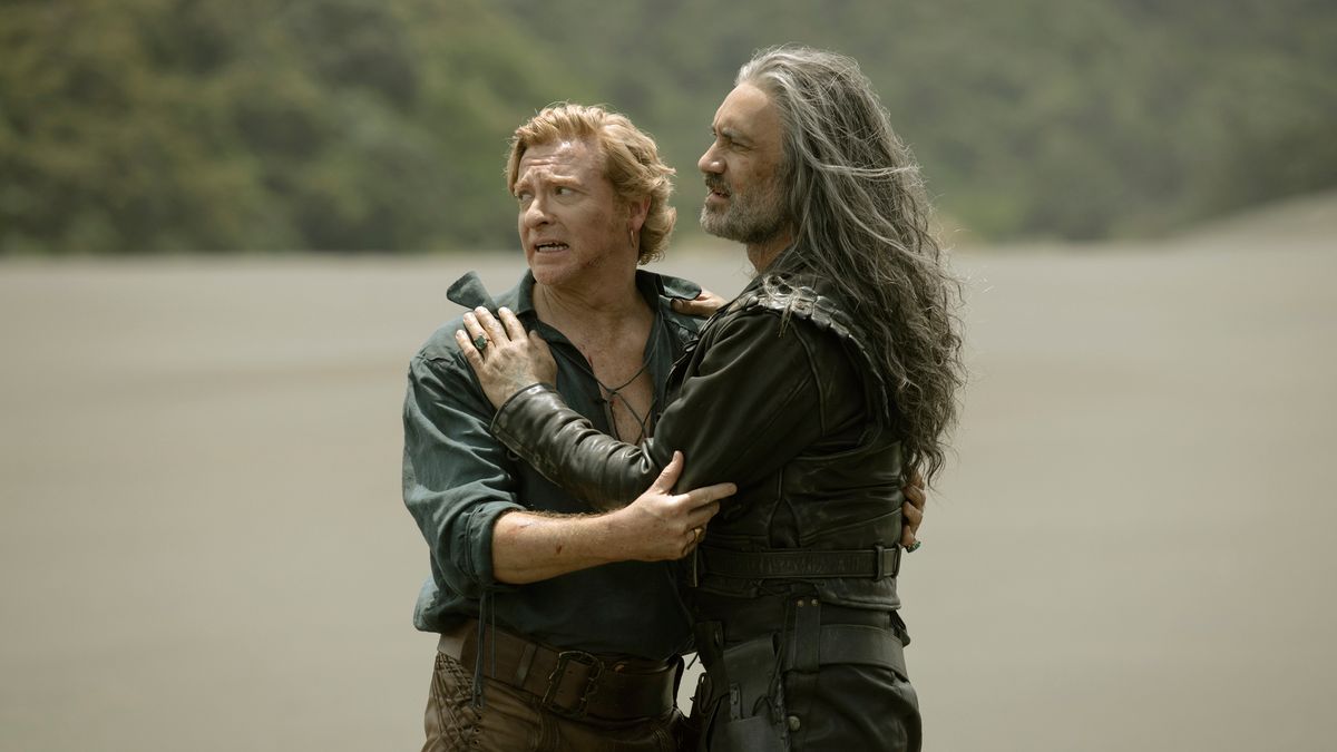 Stede Bonnet (Rhys Darby) and Ed/Blackbeard (Taika Waititi) hug in Our Flag Means Death season 2