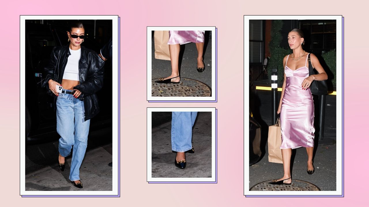 Hailey Bieber&#039;s flats: Hailey pictured wearing black, patent flats with gold detailing in a pink and cream template