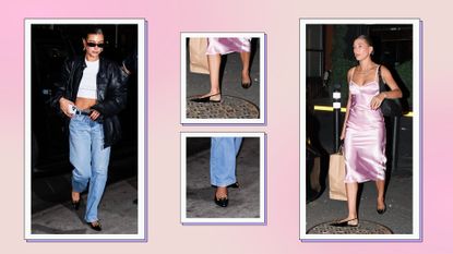 Hailey Bieber's flats: Hailey pictured wearing black, patent flats with gold detailing in a pink and cream template