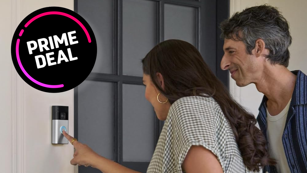 People using Amazon Ring Battery Doorbell with overlaid Prime Deal badge