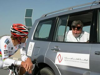 A healthy looking Eddy Merckx talks to Fabian Cancellara in Qatar.