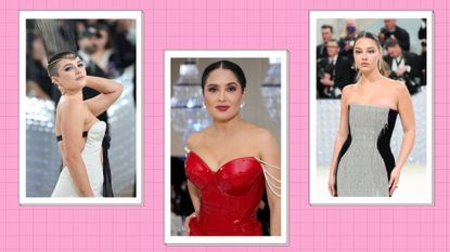Florence Pugh, Salma Hayek and Madelyn Cline wearing strapless dresses as they attend the 2023 Met Gala/ in a pink template