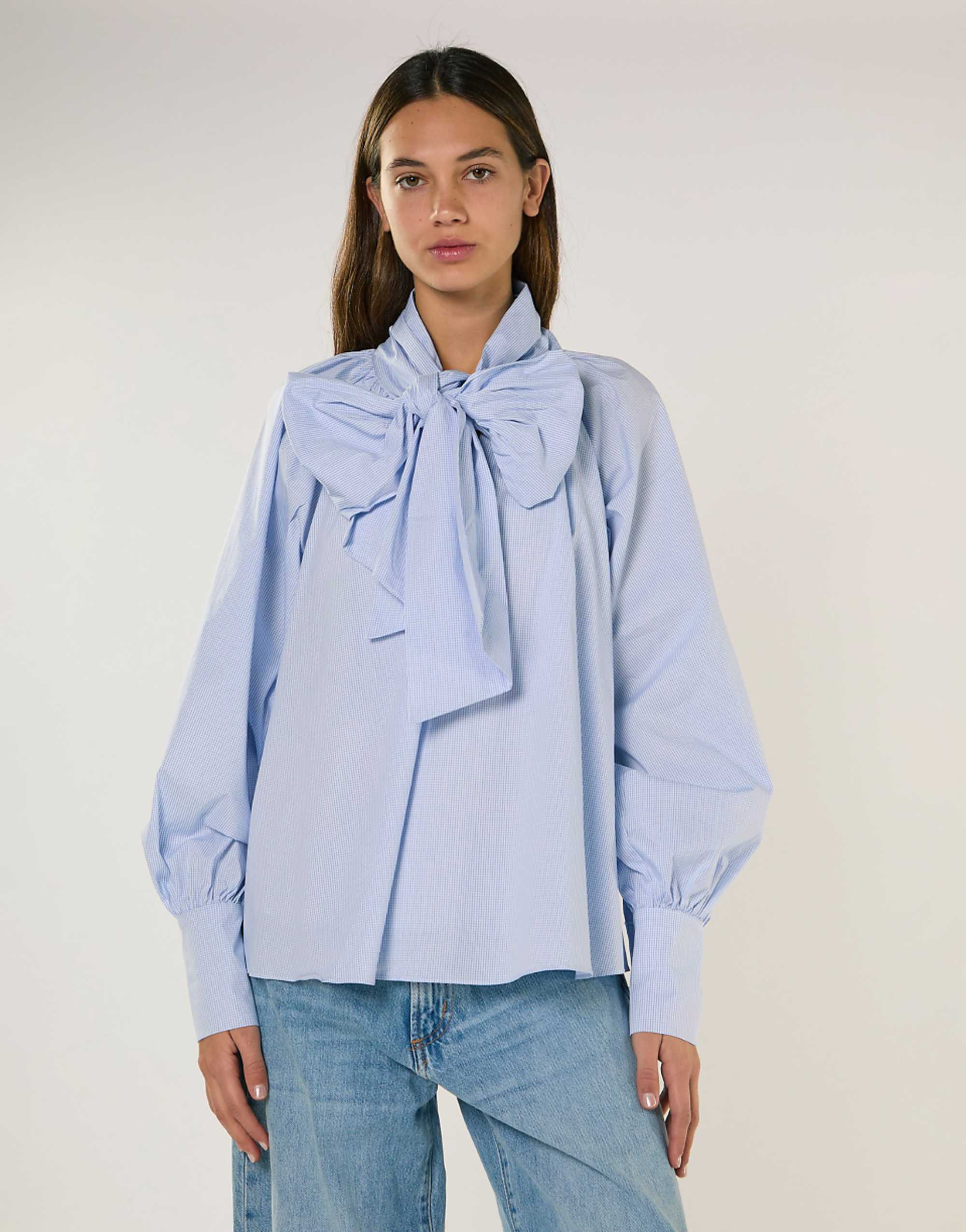 Glamorous Raglan Volume Sleeve Blouse in Blue Micro Check