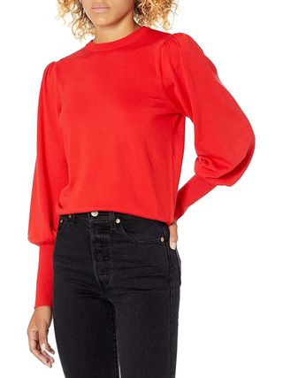 The Drop, Vivienne Padded-Shoulder Balloon-sleeve Crewneck Sweater