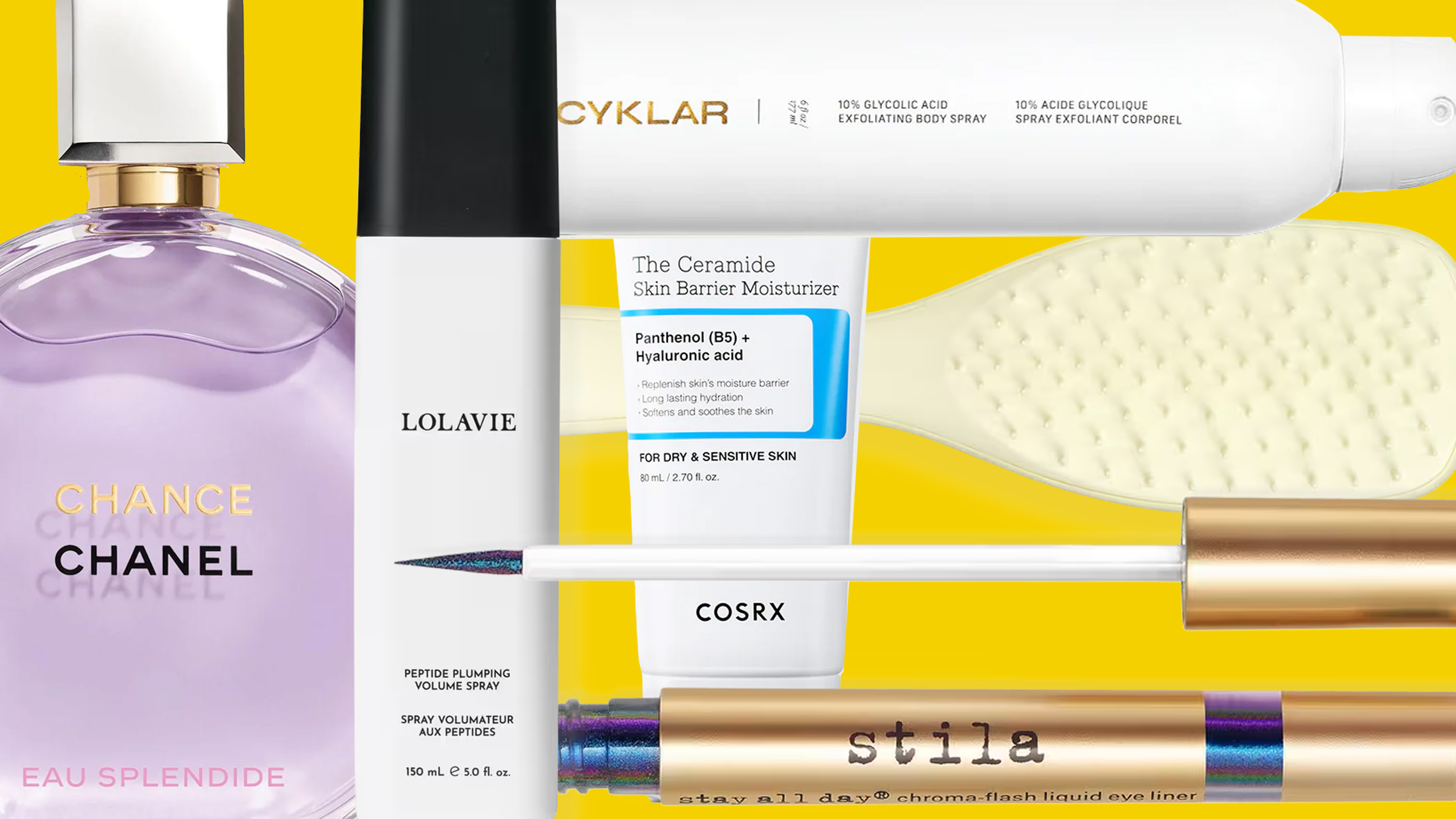 Product collage of Lolavie Peptide Plumping Volume Spray, Tangle Teezer Extra Gentle Brush, COSRX The Ceramide Skin Barrier Moisturizer, CYKLAR Glycolic Acid Exfoliating Body Spray, Stila Chroma-flash Liquid Eye Liner, Chanel Chance Eau Splendide on yellow-gold background