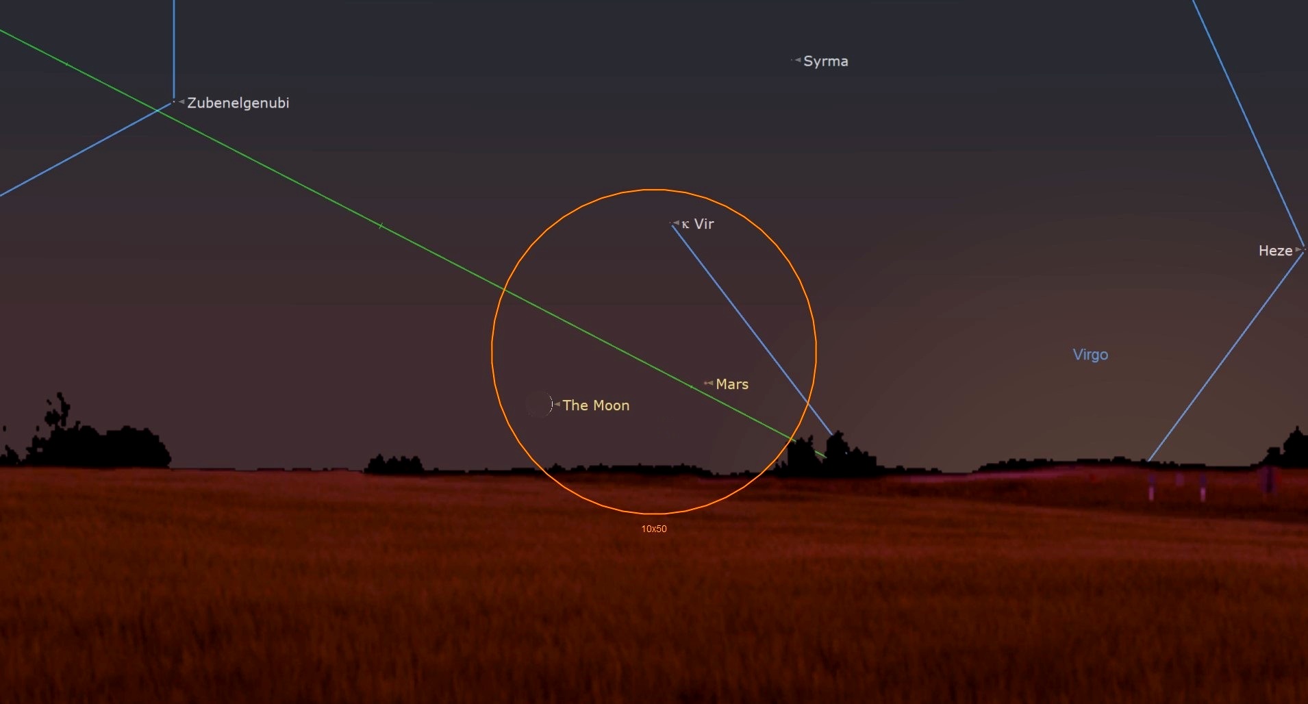 a large orange circular outline shows the crescent moon near mars on the horizon
