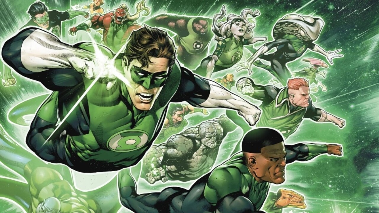 Numerous Green Lanterns all flying towards the right of the image. They're all wearing green and black outfits and are wearing their Green Lantern rings. The group is surrounded by a green haze.