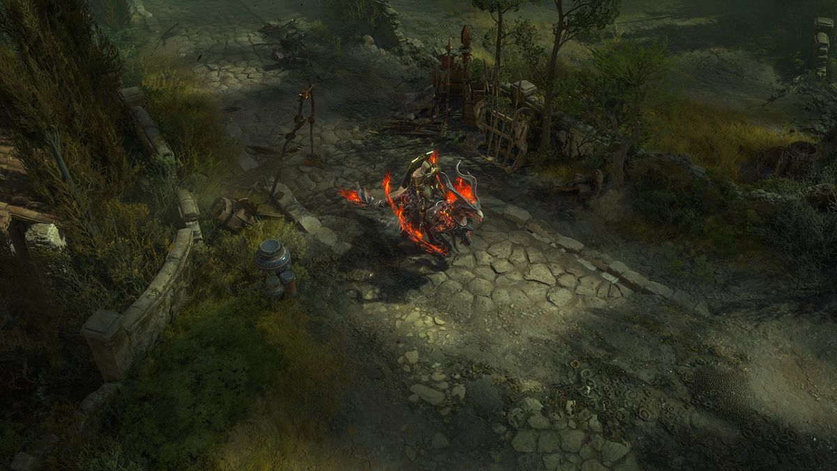 The player rides a demon horse through the countryside in Diablo 4: Lord of Hatred