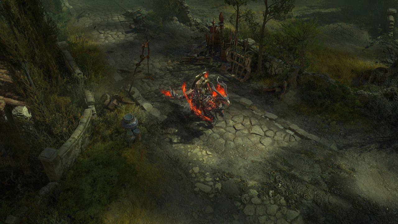 The player rides a demon horse through the countryside in Diablo 4: Lord of Hatred