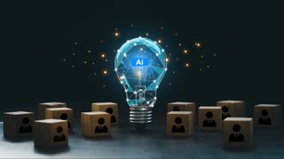 AI with a digital brain in a lightbulb with human icons in wooden blocks for AI vs human competition. manage personnel in the organization