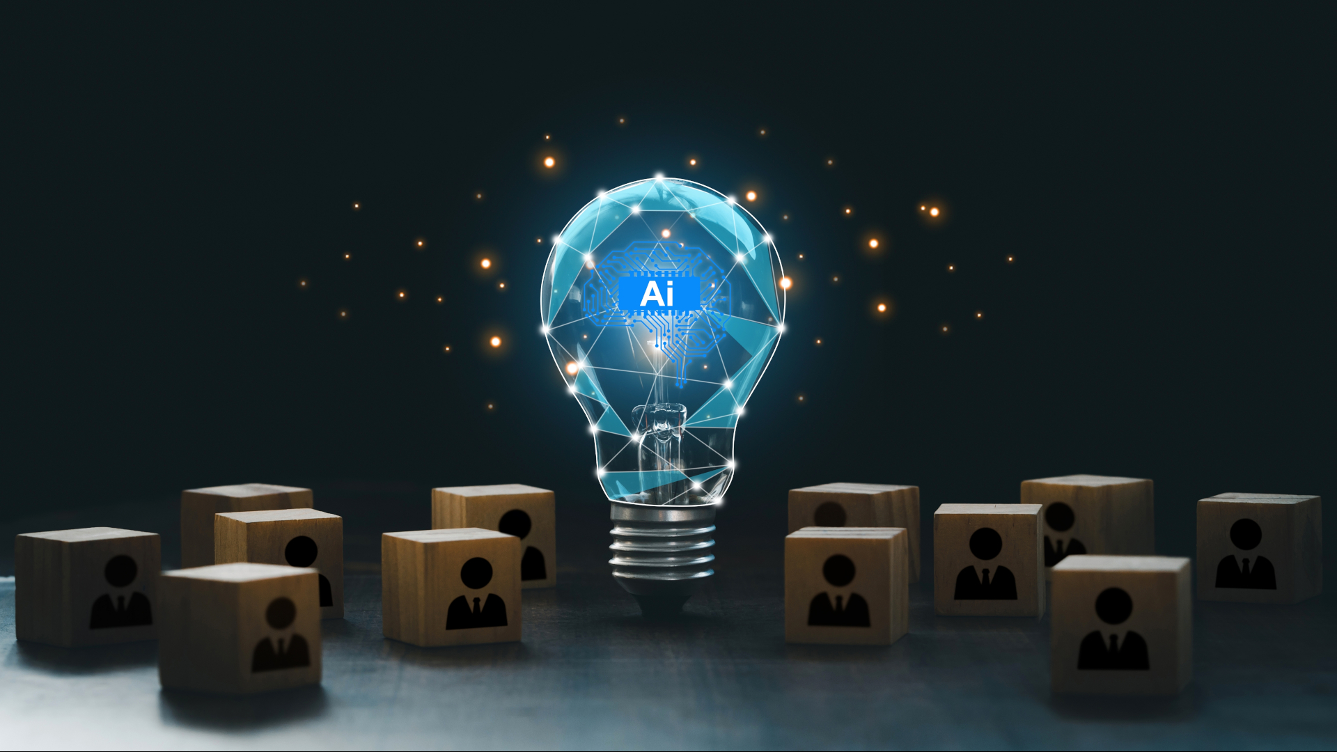 AI with a digital brain in a lightbulb with human icons in wooden blocks for AI vs human competition. manage personnel in the organization