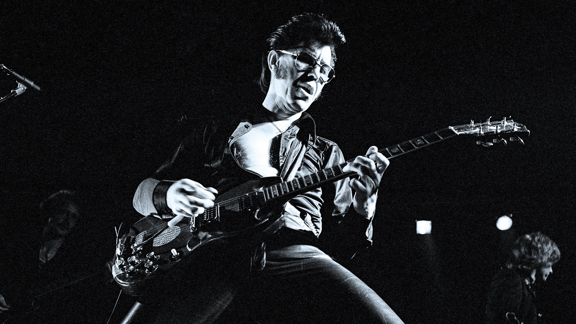 Rock'n'roll guitarist Link Wray (1929 - 2005) performs on stage at The Venue in London, 2nd June 1979.