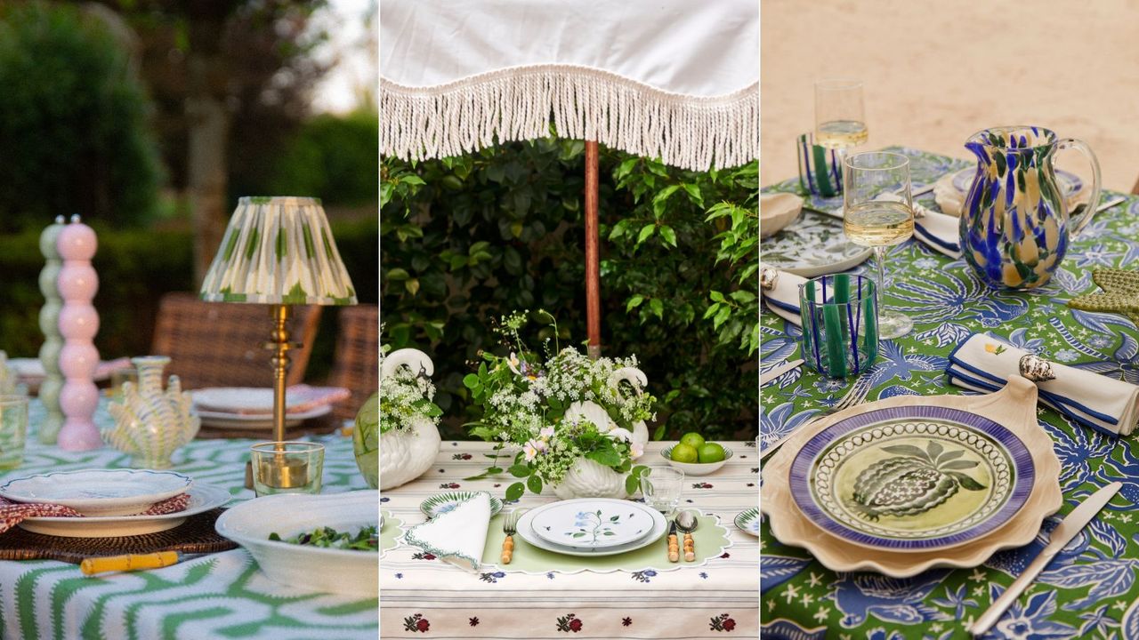 Three blue and green al fresco tablescape setups