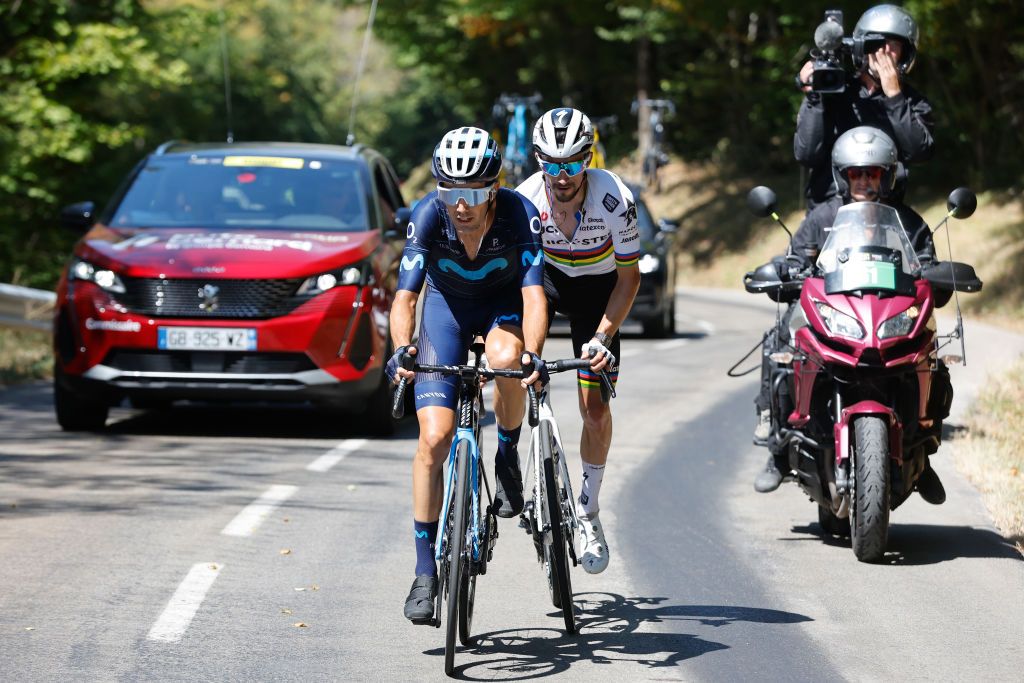 LLEX FRANCE AUGUST 11 LR Antonio Pedrero Lopez of Spain and Movistar Team and Julian Alaphilippe of France and Team QuickStep Alpha Vinyl compete in the breakaway during the 34th Tour de lAin 2022 Stage 3 a 131km stage from Plateau dHauteville to Llex 904m TDA22 on August 11 2022 in Llex France Photo by Bas CzerwinskiGetty Images