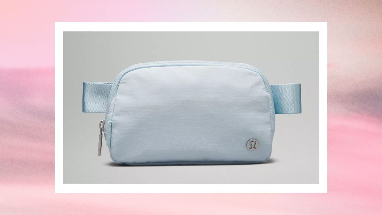 The Lululemon Belt Bag 1L in shade &#039;Powder Blue&#039;/ in a pink and grey gradient template