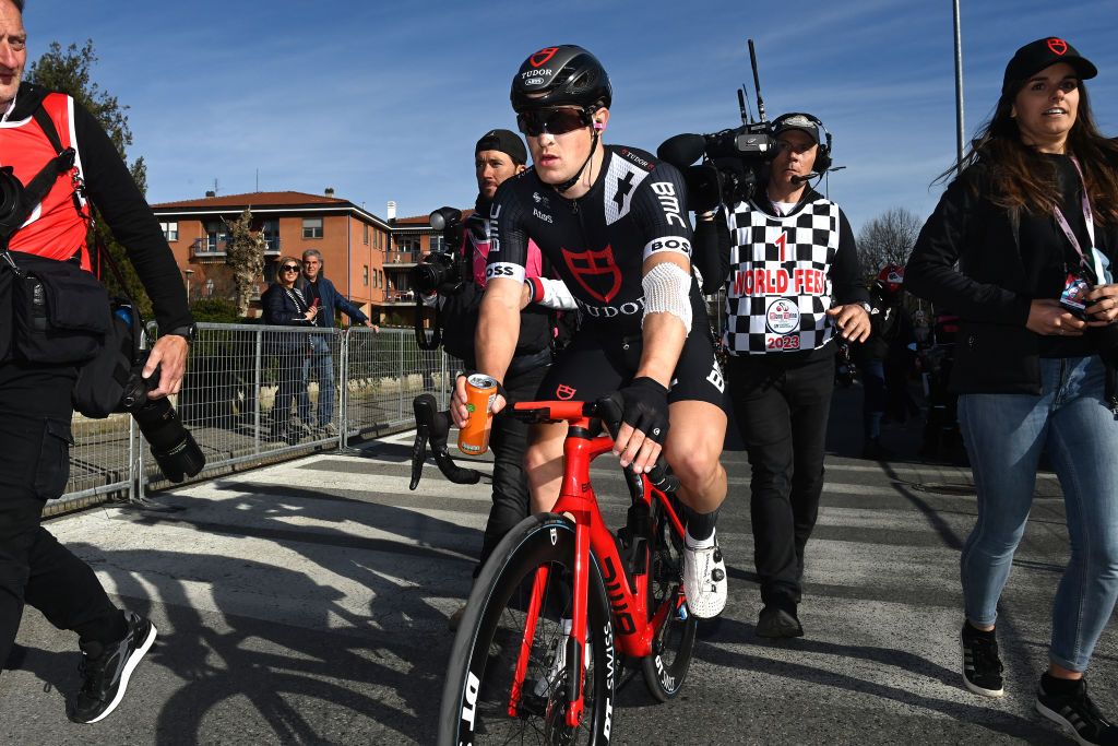 ORBASSANO ITALY MARCH 15 Arvid De Kleijn of The and Tudor Pro Cycling Team celebrates at finish line as race winner during the 104th MilanoTorino 2023 a 192km one day race from Rho to Orbassano MilanoTorino on March 15 2023 in Orbassano Italy Photo by Tim de WaeleGetty Images