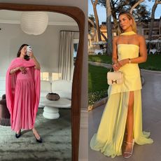 Collage of influencers wearing colorful spring wedding guest dresses