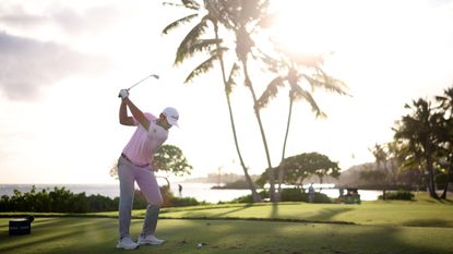 Davis Riley hits a tee shot on a par-3 during round three of the 2026 Sony Open in Hawaii
