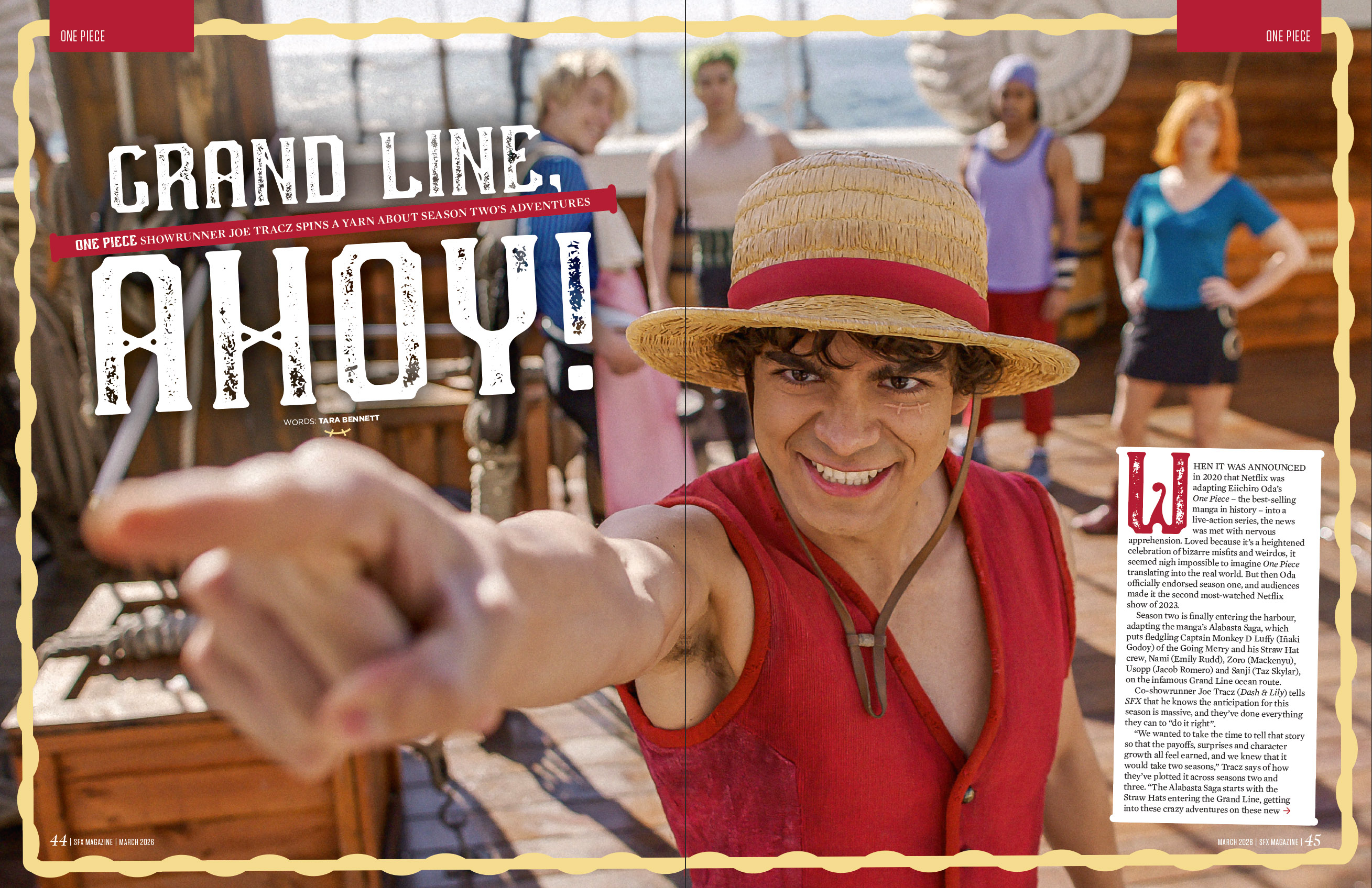 Straw Hat pirate Monkey D Luffy pointing into the distance.