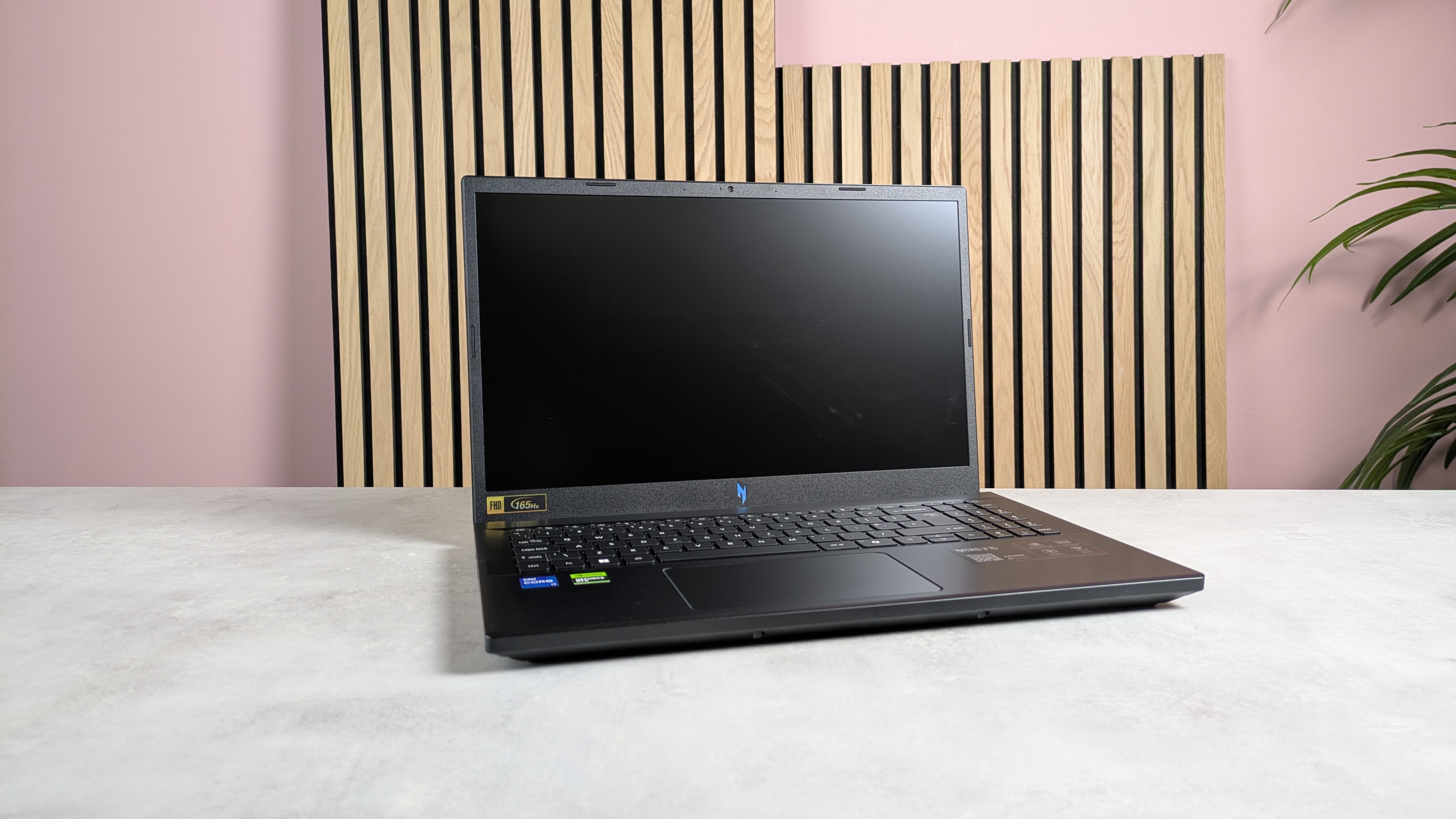 Acer Nitro V 15 open on desk with wooden panels, plant, and pink wall in background