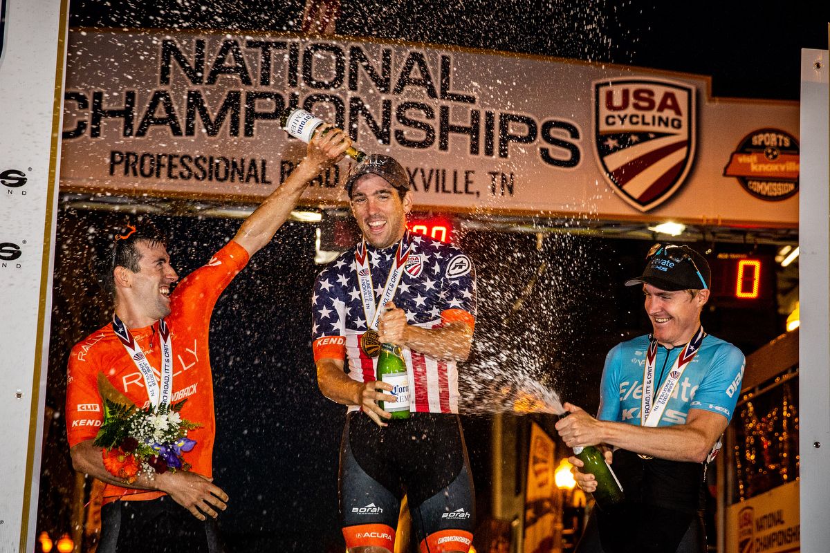 The riders spray the champagne