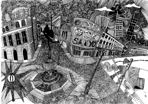 Line art showing a scene in London by Lizzie Mary Cullen