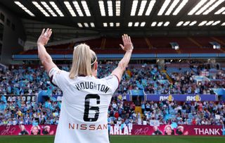 Steph Houghton of Manchester City acknowledges the fans, after making her final appearance before retiring, following the Barclays Women´s Super League match between Aston Villa and Manchester City at Villa Park on May 18, 2024 in Birmingham, England.