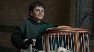 Harry and Hedwig getting ready to take the train to Hogwarts.