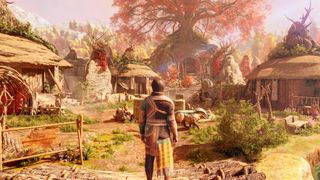 A screenshot showing the starting village in Greedfall 2: The Dying World.