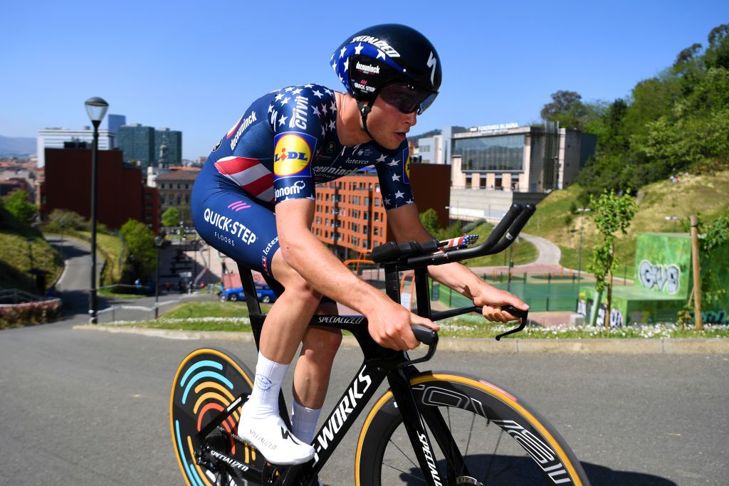 BILBAO SPAIN APRIL 05 Ian Garrison of United States and Team Deceuninck QuickStep during the 60th ItzuliaVuelta Ciclista Pais Vasco 2021 Stage 1 a 139km individual time trial from Bilbao to Bilbao itzulia ehitzulia ITT on April 05 2021 in Bilbao Spain Photo by David RamosGetty Images