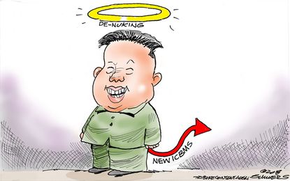 Political cartoon U.S. Trump Kim Jong Un denuclearization talks new ICBMs