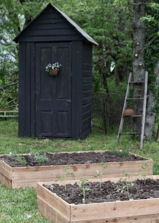 Two raised flower beds and a small back shed illustrating backyard ideas on a budget.