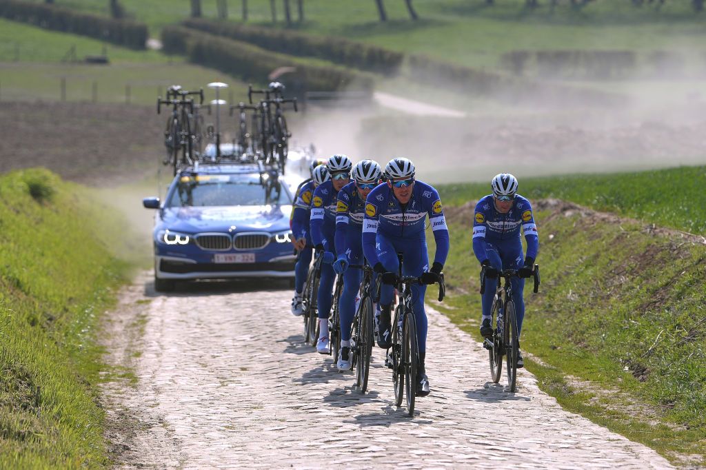Team car in tow for Deceuninck-Quick Step as they recon Paris-Roubaix