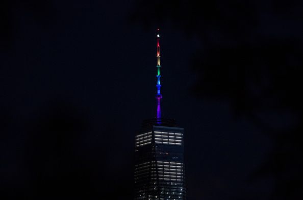 One World Trade Center lit up to honor the victims of the Orlando shooting.