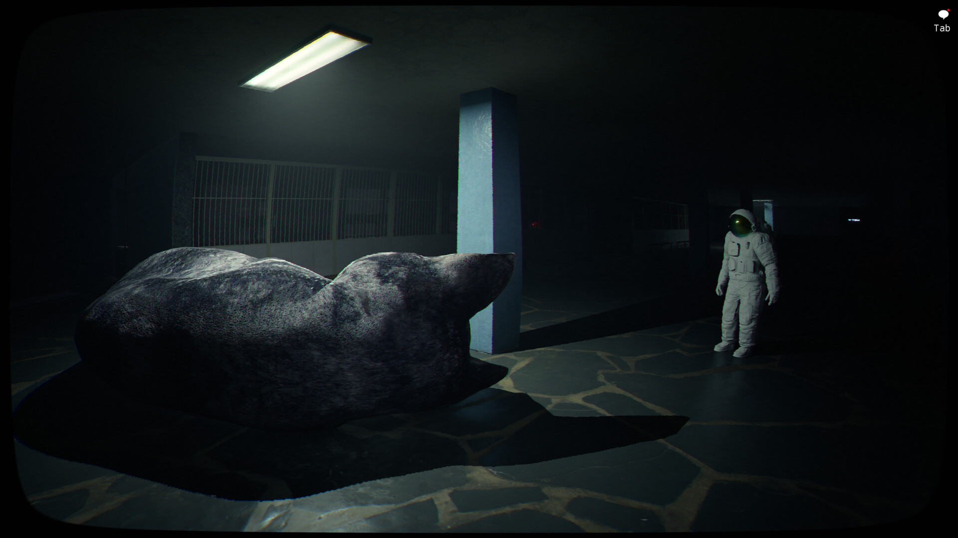 Emissary Zero screenshot of white astronaut watching giant cat