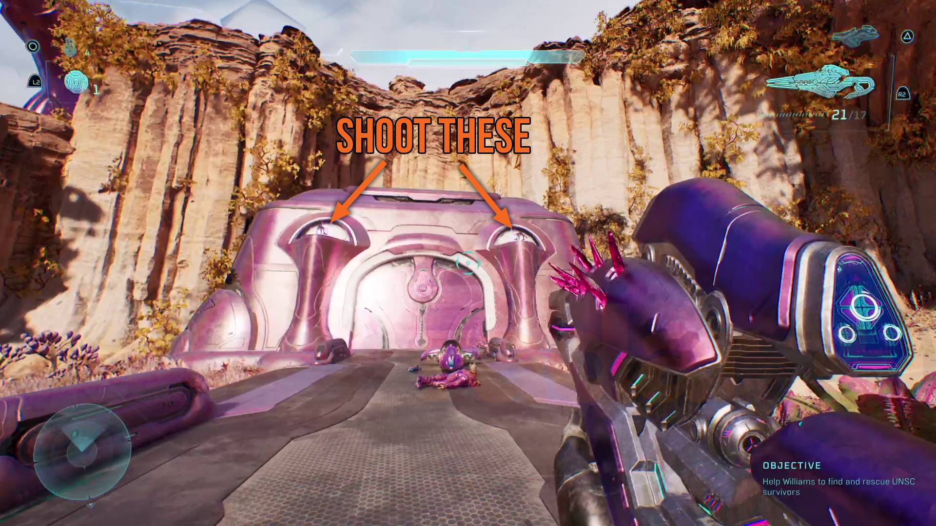Halo Campaign Evolved two plasma batteries on pillars next to large door leading to Recession Skull in The Most Dangerous Game