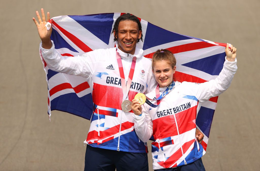 TOKYO JAPAN JULY 30 LR Silver medalist Kye Whyte and gold medalist Bethany Shriever of Team Great Britain pose for a photograph while holding the flag of they country during the BMX final on day seven of the Tokyo 2020 Olympic Games at Ariake Urban Sports Park on July 30 2021 in Tokyo Japan Photo by Ezra ShawGetty Images