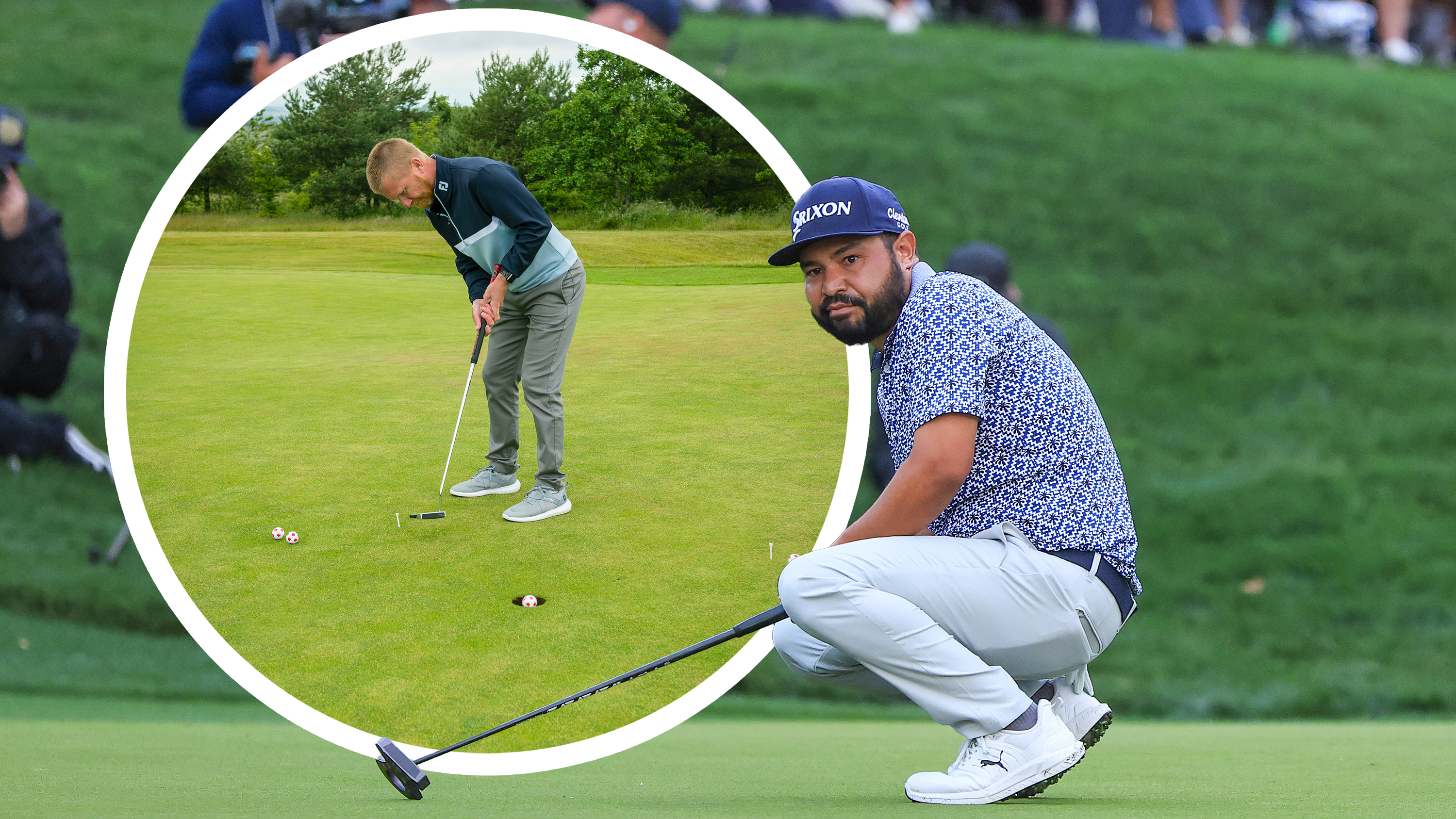 JJ Spaun on his haunches disappointed after missing a putt at the Players Championship, with an inset image of Andrew Jones completing a short putting drill with four balls set up around the hole in a circle to create four different types of break and speed