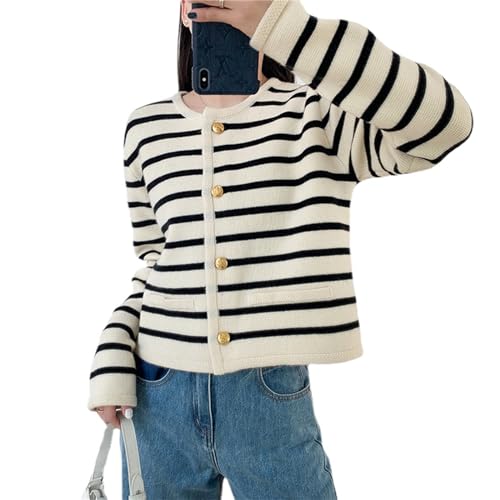Maoaead Lady Patch Pocket Cardigan Gold Buttons Striped Cardigans for Women Fall Long Sleeve Cardigan Sweater Jacket (black,l(52-60kg))