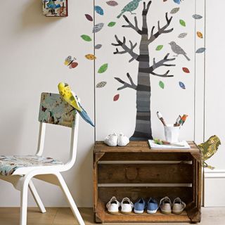 kids wooden shoe rack with wall stickers