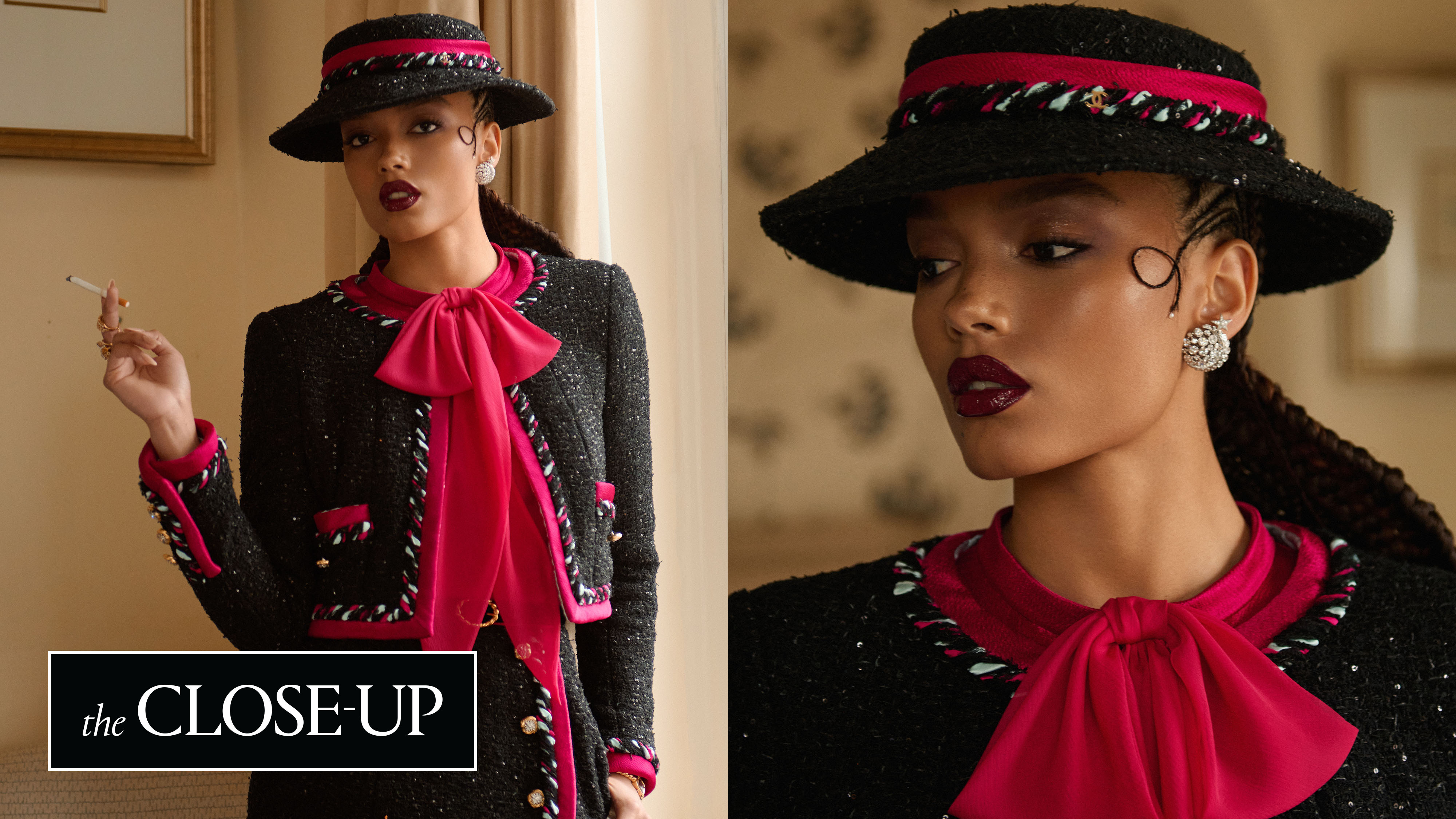 a collage of Whitney Peak wearing a Chanel red carpet look ahead of the 2025 met gala