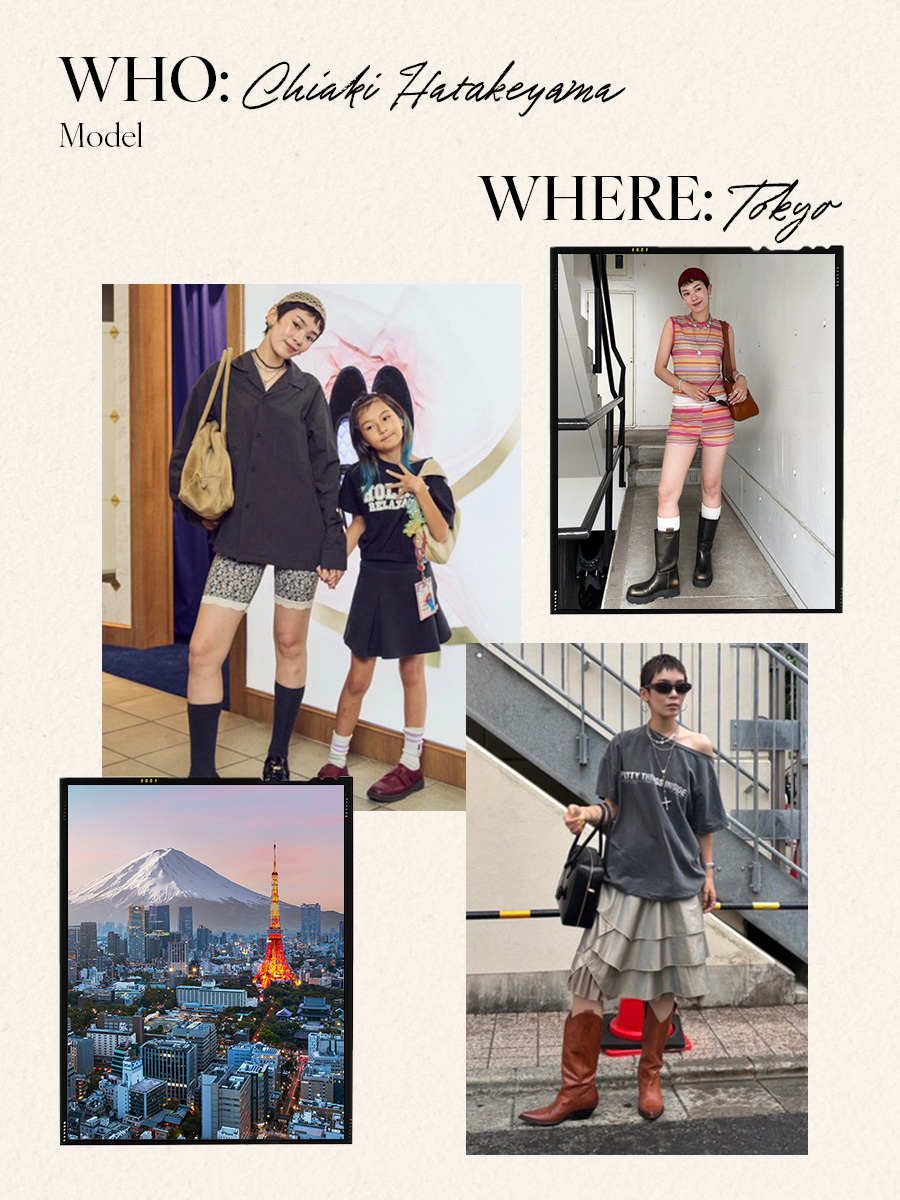 Model Chiaki Hatakeyama in various outfits in Tokyo