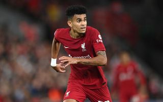Liverpool forward Luis Diaz in action during the UEFA Champions League group A match between Liverpool FC and AFC Ajax at Anfield on September 13, 2022 in Liverpool, England.