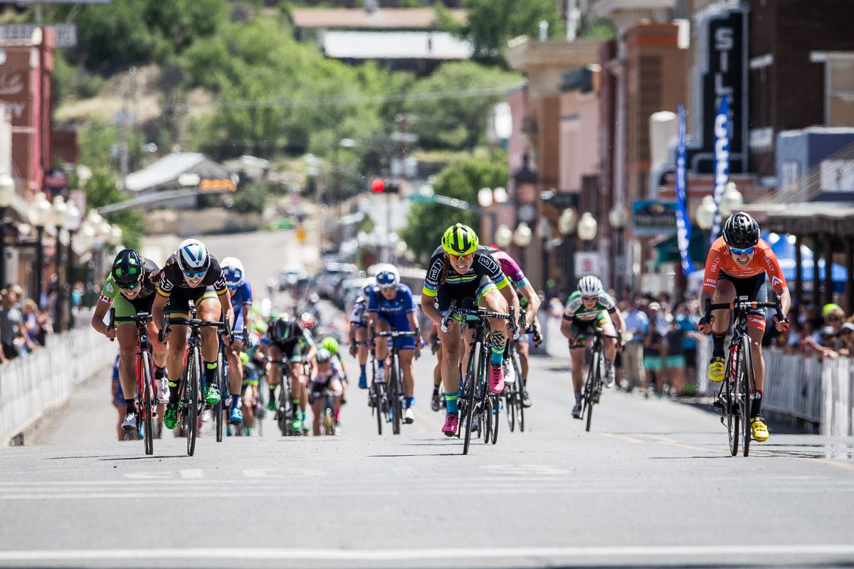 The women sprint to the finish during stage 4 at Tour of the Gila