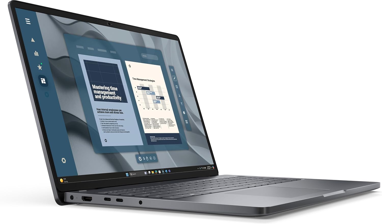 Sleek silver laptop with a thin profile displaying a productivity app on screen, featuring graphs and text. The design is modern and minimalistic.